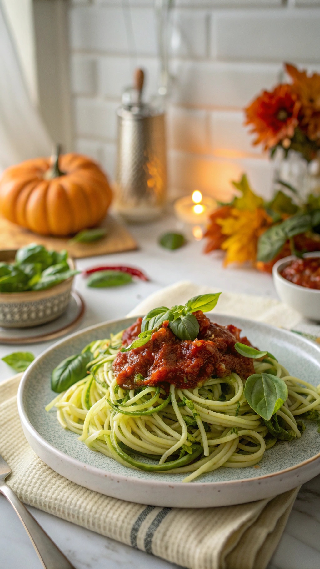 A plate of zucchini noodles topped with tomato basil sauce, garnished with fresh basil leaves, surrounded by fall decorations.