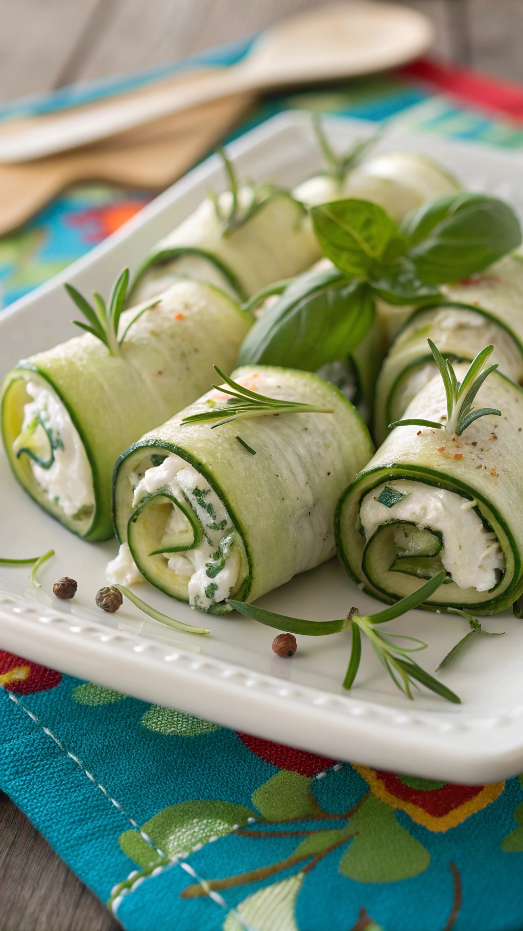 Zucchini roll-ups stuffed with creamy cheese, garnished with herbs on a colorful tablecloth.