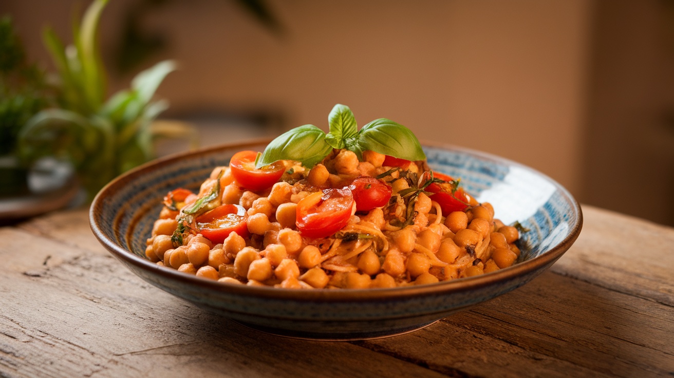 A bowl of chickpea pasta topped with cherry tomatoes and basil