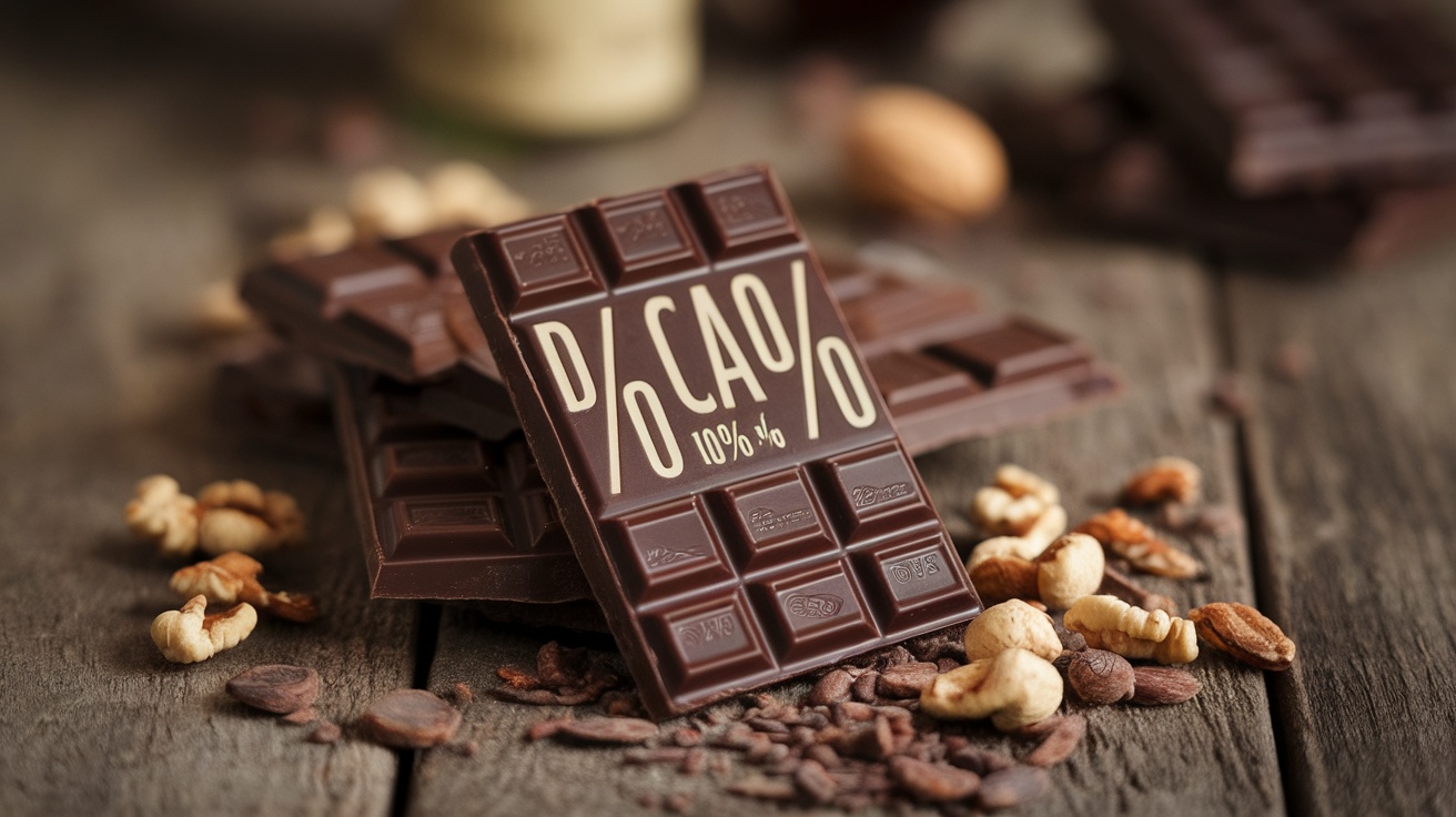A bar of dark chocolate with 70% cacao, surrounded by nuts and cacao nibs on a wooden surface.