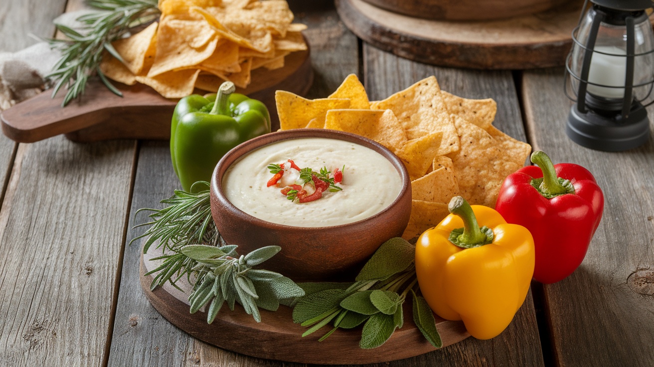 A bowl of low-fat queso fresco surrounded by tortilla chips and colorful bell peppers on a wooden table.