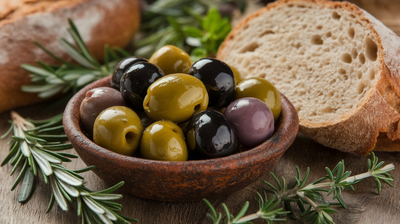 A bowl of olives with slices of bread and herbs