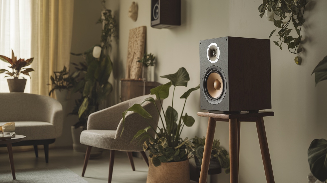 A stylish speaker on a wooden stand in a cozy room filled with plants and comfortable furniture.