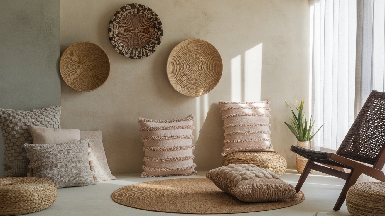 A cozy minimalist zen nook with textured pillows, woven baskets, and a natural fiber rug.