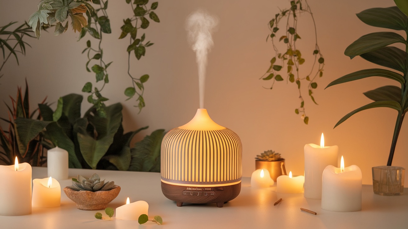 A stylish diffuser emitting mist, surrounded by candles and plants, creating a calming atmosphere.