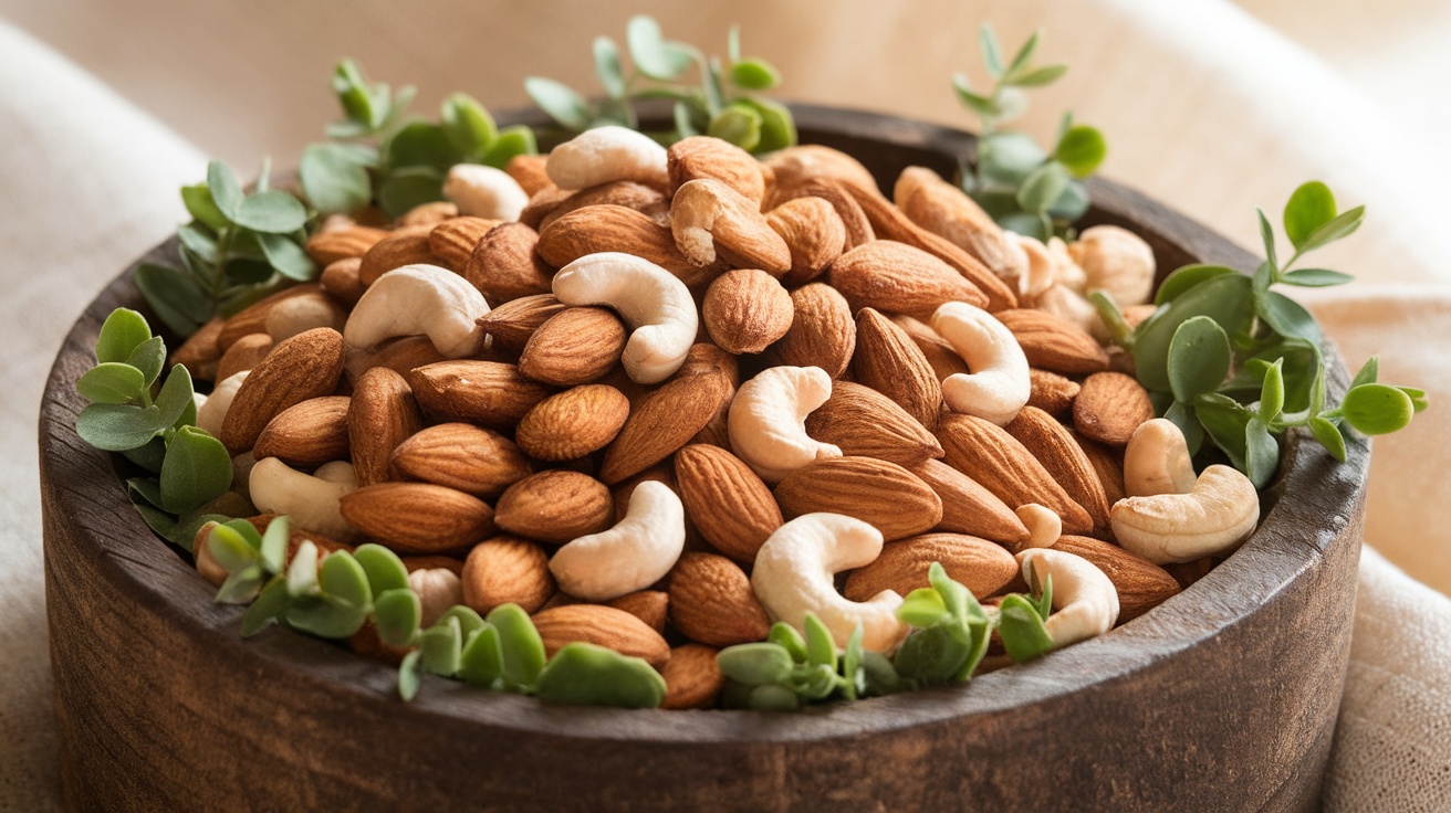 A bowl filled with almonds and cashews surrounded by green leaves.