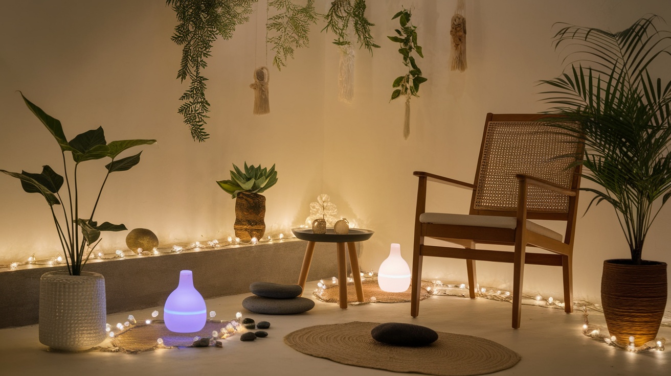 A cozy zen room with soft LED lighting, plants, and a comfortable chair.