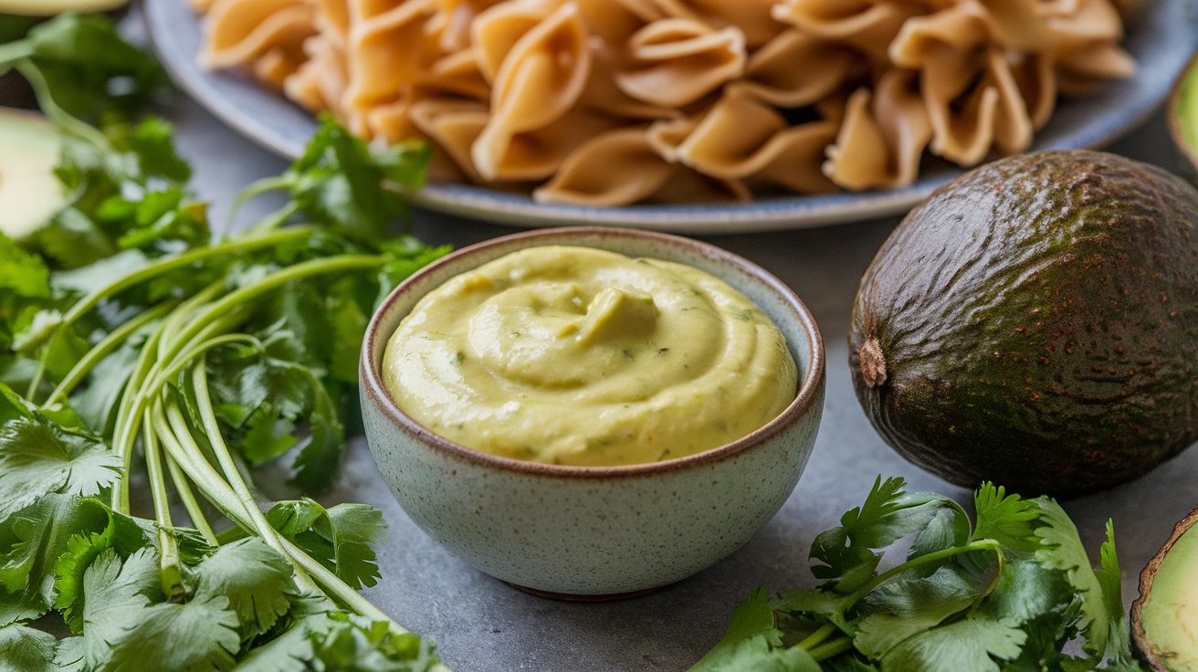 Bowl of avocado-cilantro cream sauce with fresh cilantro and pasta in the background
