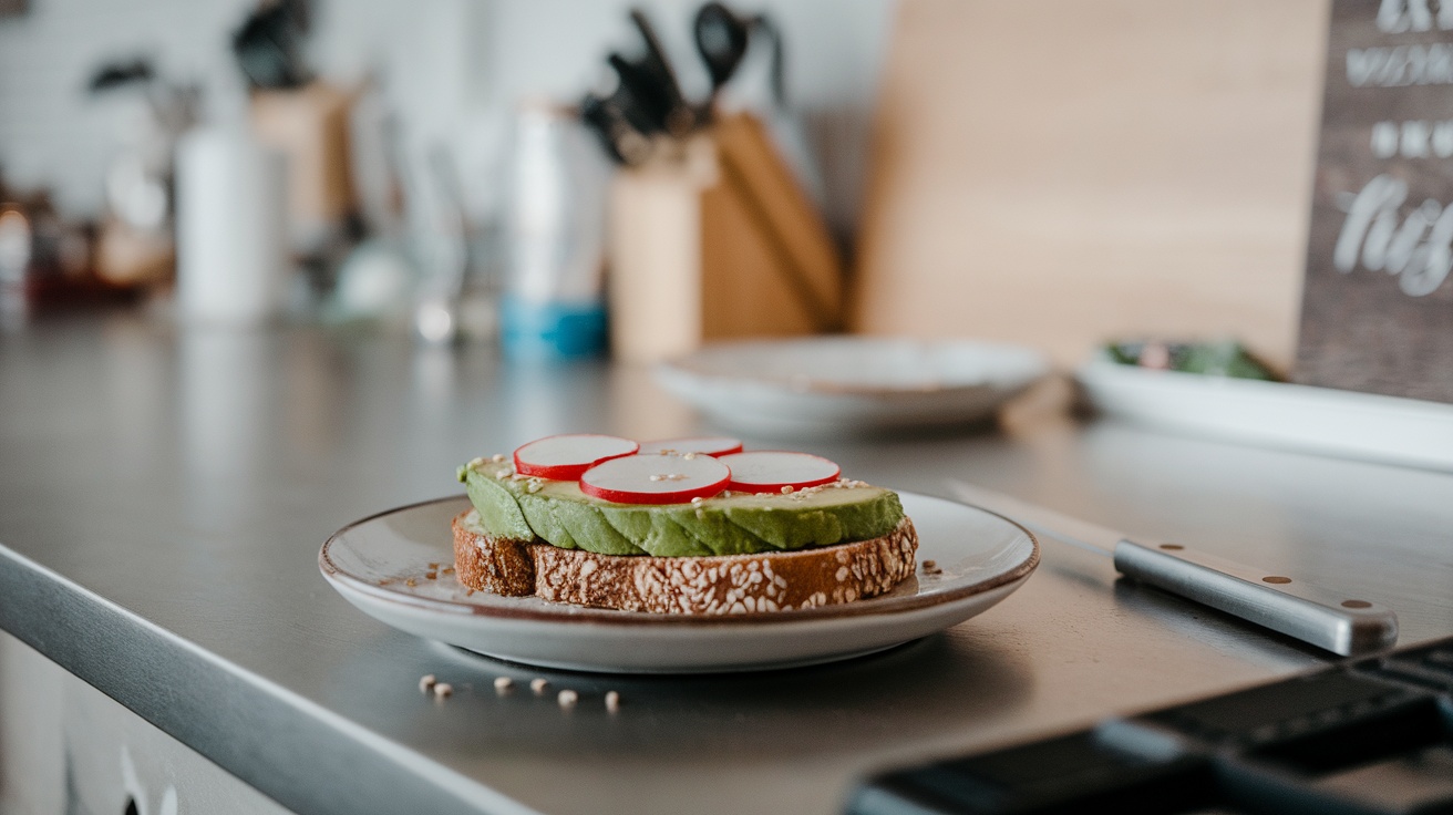 A plate with avocado toast topped with radish slices, placed on a kitchen counter.