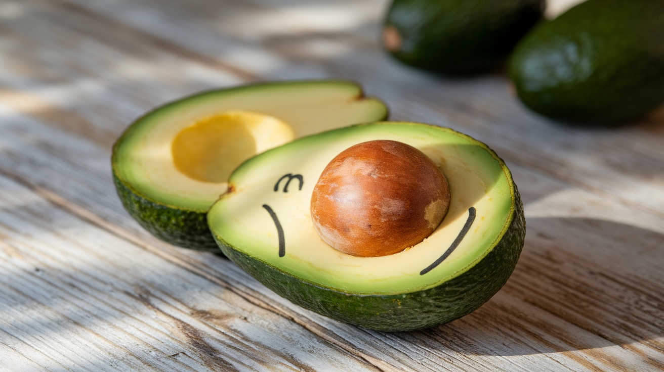 A halved avocado with a smiling face drawn on it, showcasing its creamy interior and healthy seed.