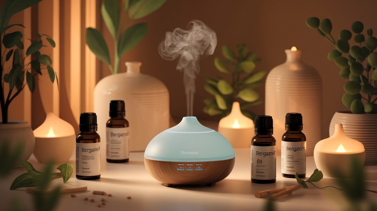 A diffuser emitting steam surrounded by bottles of bergamot oil and decorative plants.