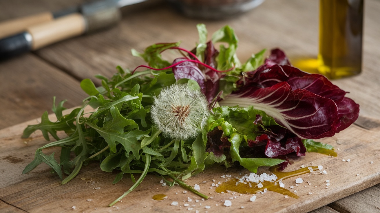 A mix of bitter greens including arugula and radicchio on a wooden surface with olive oil and salt.