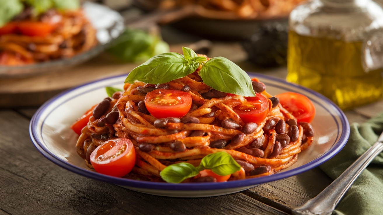 A plate of black bean pasta topped with cherry tomatoes and basil, served with olive oil in the background.