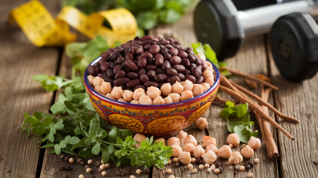 A bowl of black beans and chickpeas surrounded by fresh herbs and spices, with a measuring tape and dumbbells in the background.