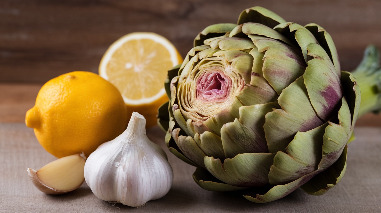 A fresh artichoke, garlic, and lemon on a wooden surface.