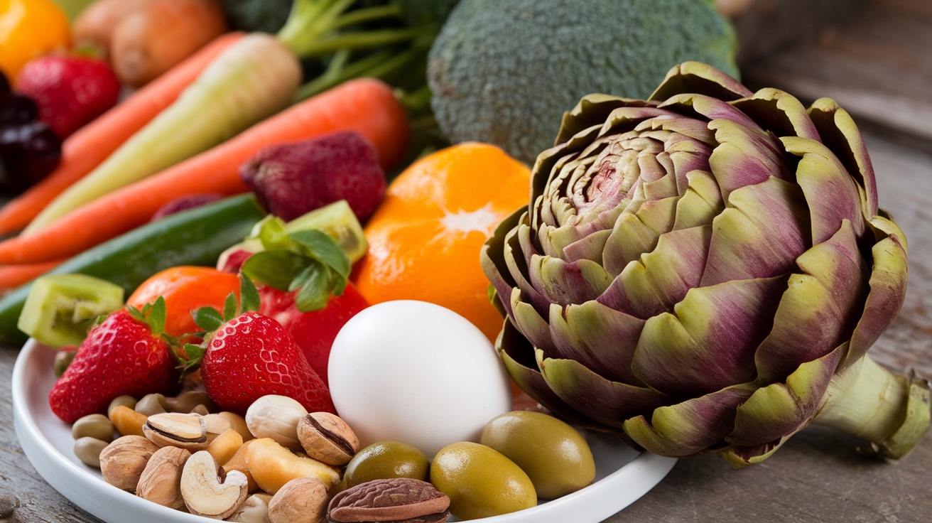 A plate of fresh artichokes surrounded by various colorful fruits and vegetables.