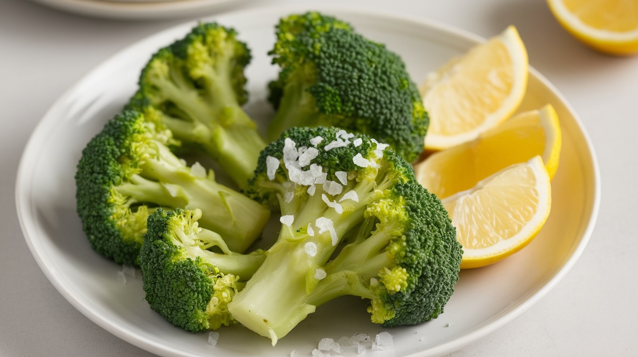 A plate of fresh broccoli florets with lemon slices, sprinkled with salt.