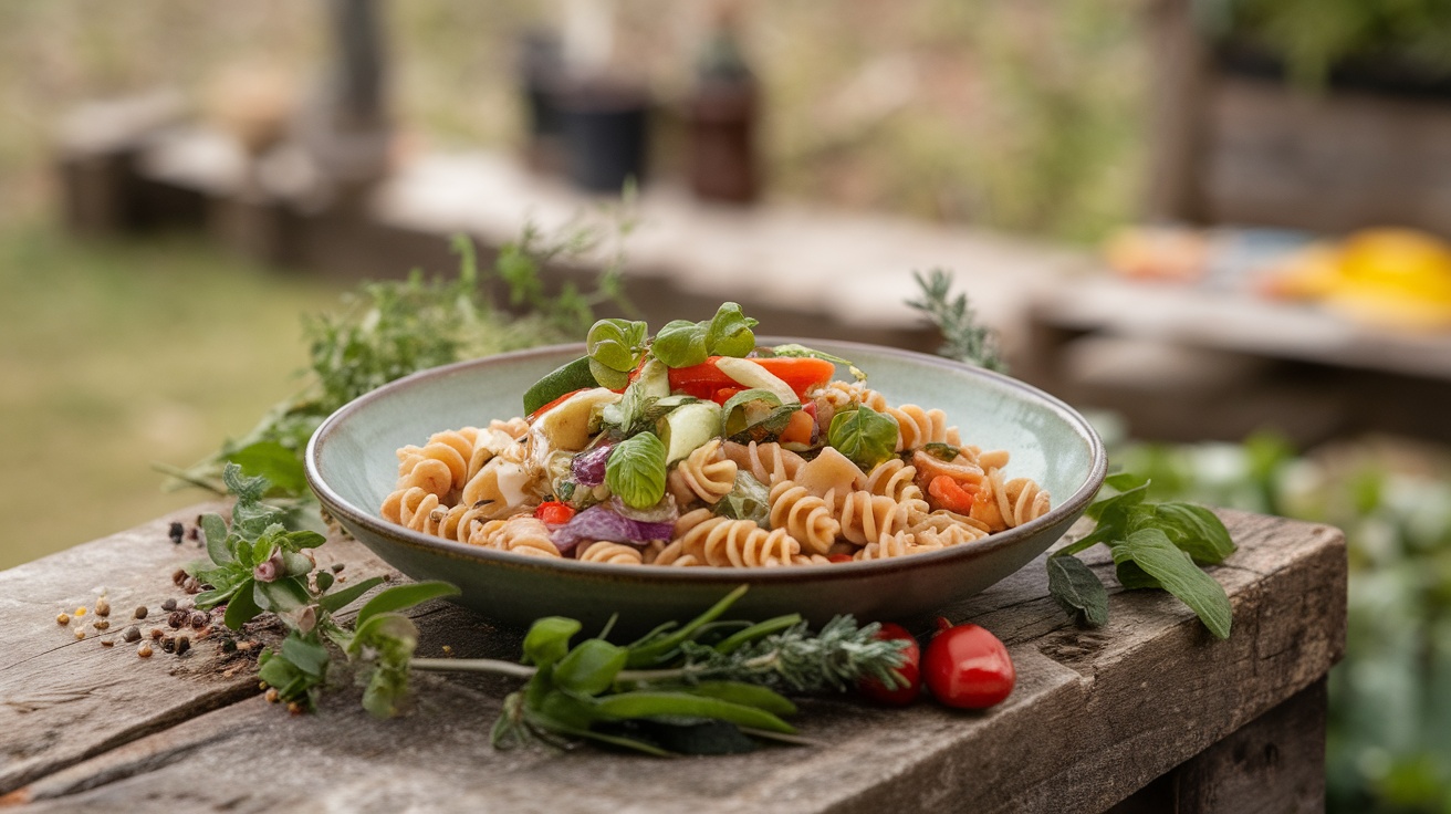 A bowl of brown rice pasta with vegetables and herbs on a wooden table