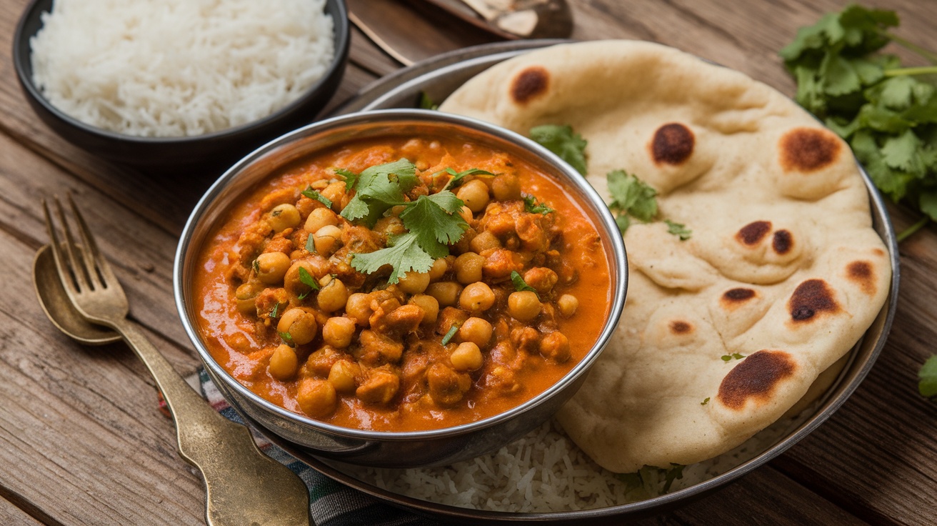 A bowl of Chana Masala with rice and naan on a wooden table