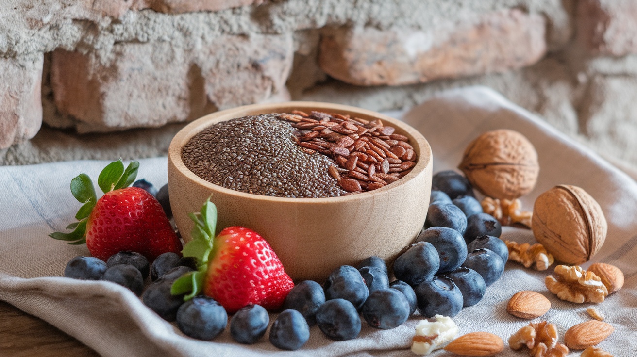 A bowl of chia seeds and flax seeds surrounded by strawberries, blueberries, walnuts, and almonds on a cloth.