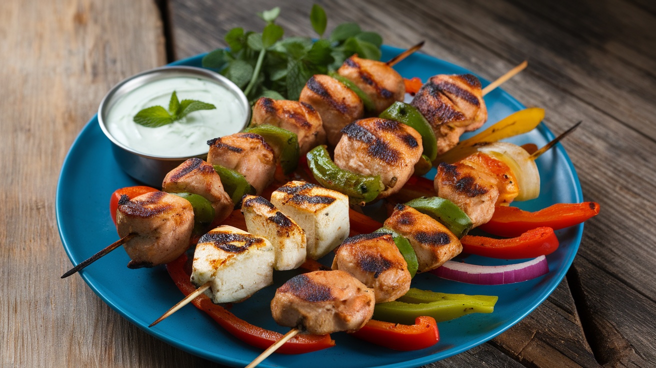 A plate of grilled chicken and paneer kebabs with colorful vegetables and a mint yogurt dip.
