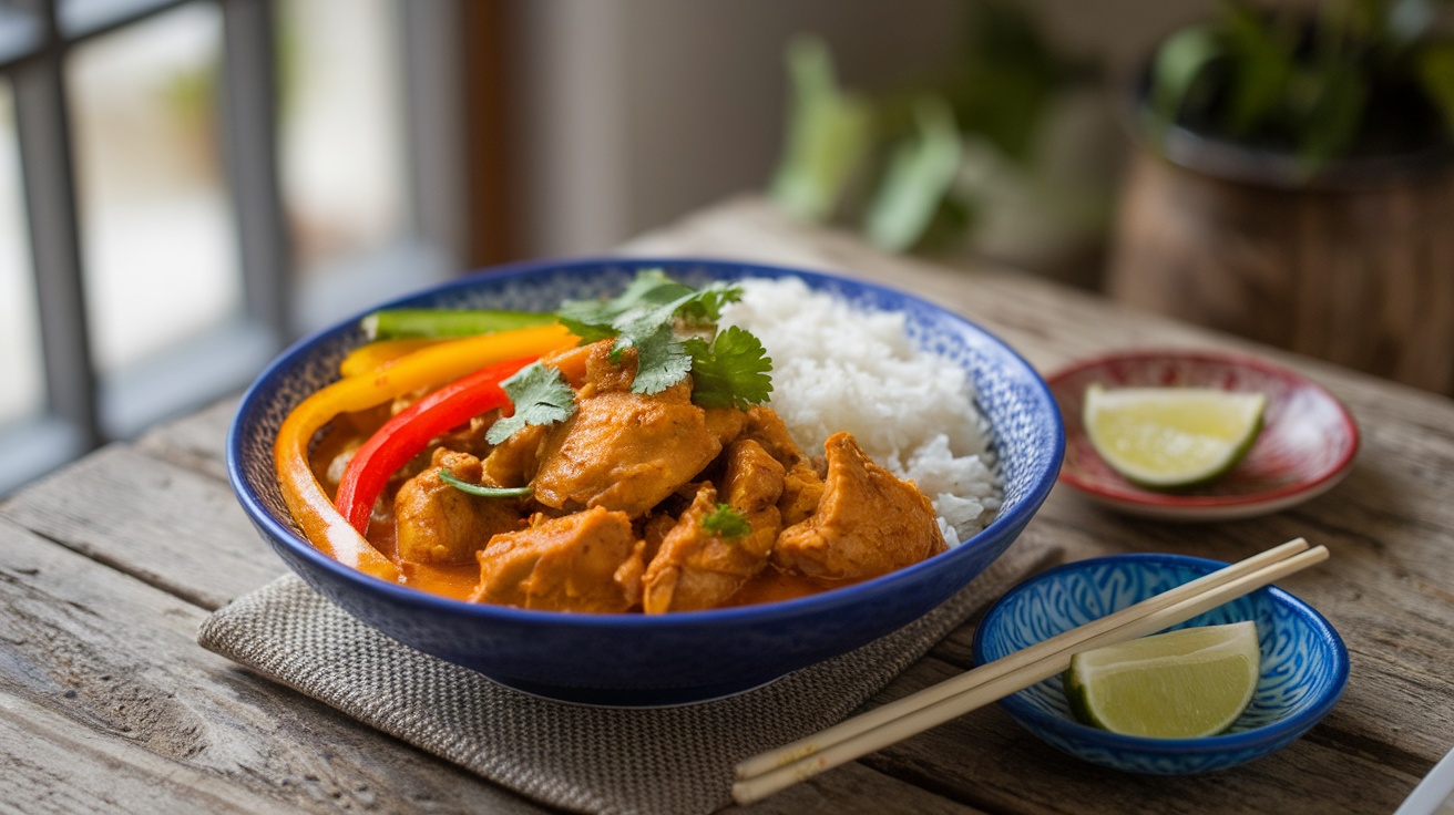 A bowl of Chinese Chicken Curry with rice and colorful bell peppers, garnished with cilantro.