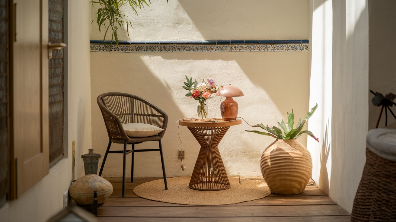 A cozy minimalist nook with a chair, table, flowers, and plants, bathed in natural light.