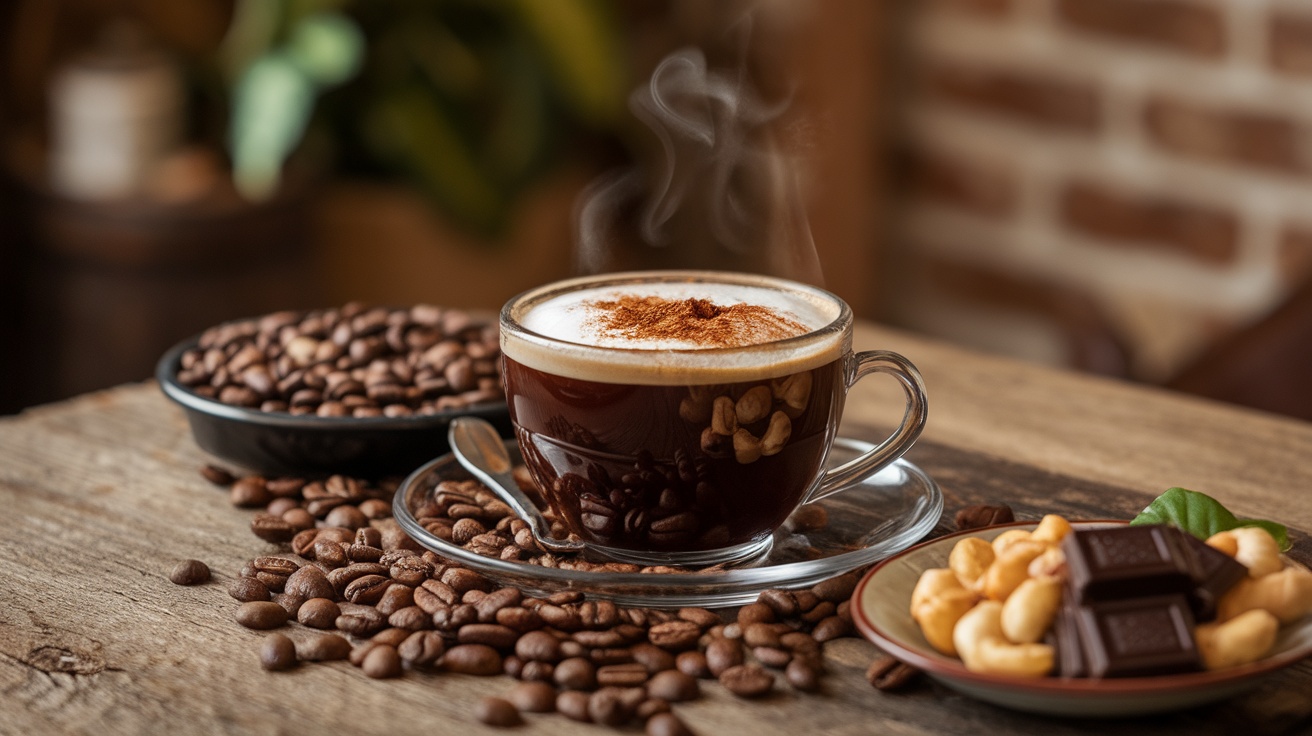 A steaming cup of coffee with coffee beans, nuts, and dark chocolate on a wooden table.