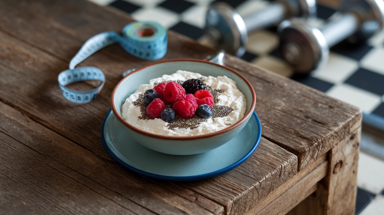 Bowl of cottage cheese topped with berries and chia seeds on a wooden table