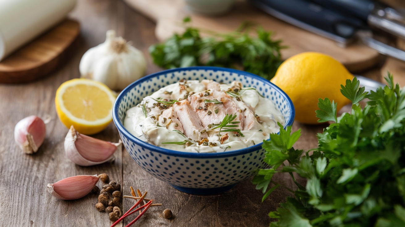 A bowl of creamy chicken marinade made with Greek yogurt, garlic, herbs, and lemon, surrounded by fresh ingredients.