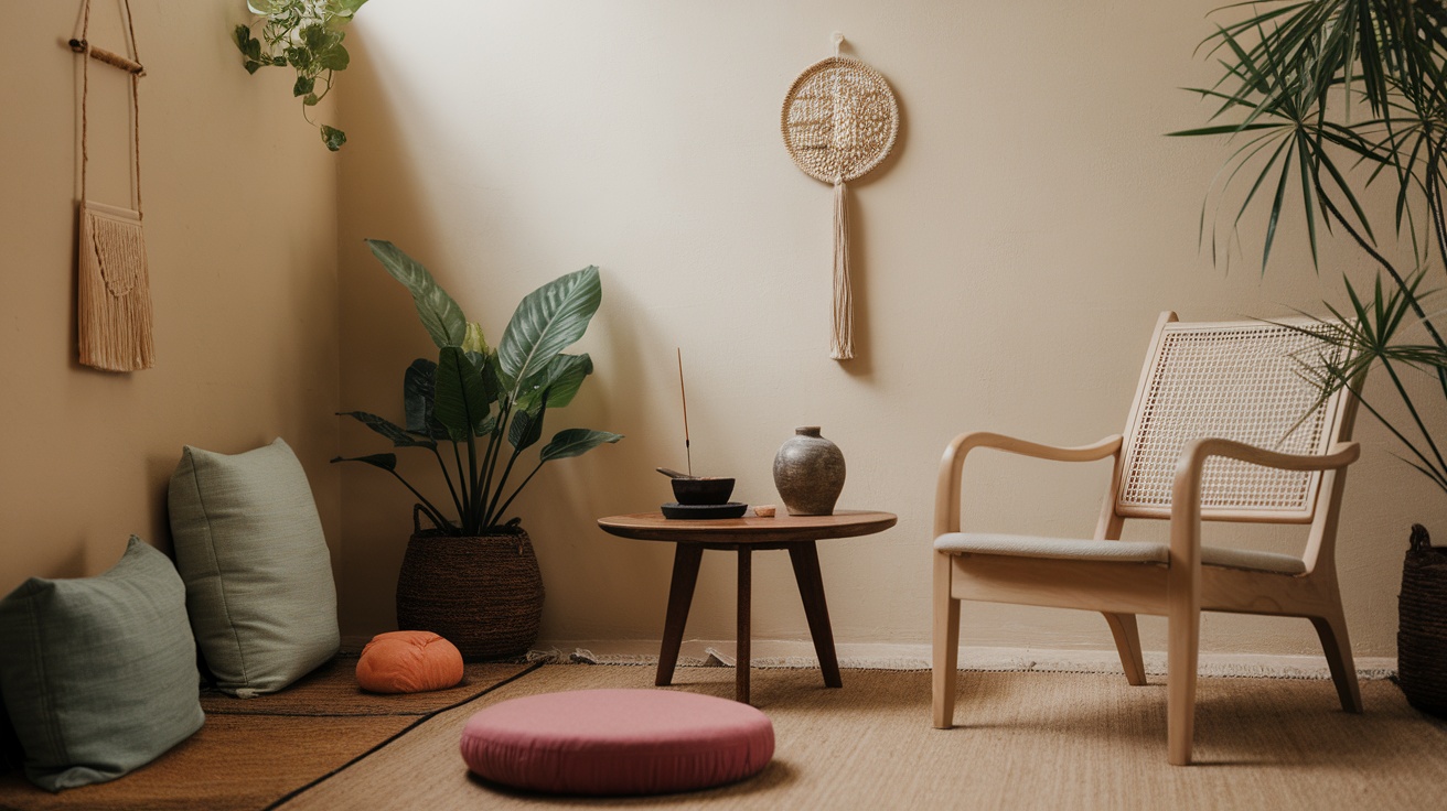 A minimalist meditation area featuring a chair, cushions, plants, and a small table.