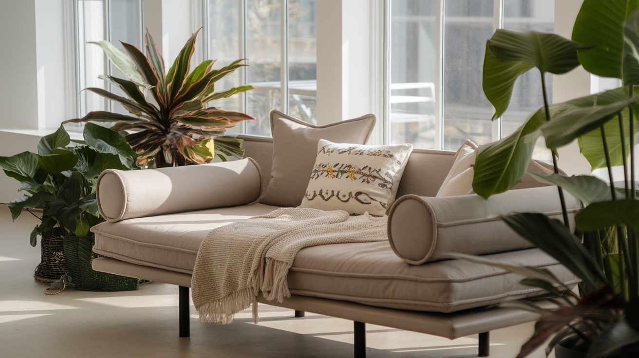 A stylish daybed with soft cushions and decorative pillows, surrounded by plants in a bright room.