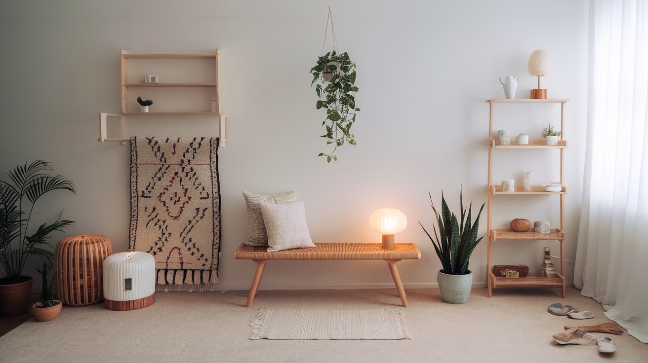 A minimalist zen nook featuring a wooden bench, plants, and soft lighting.