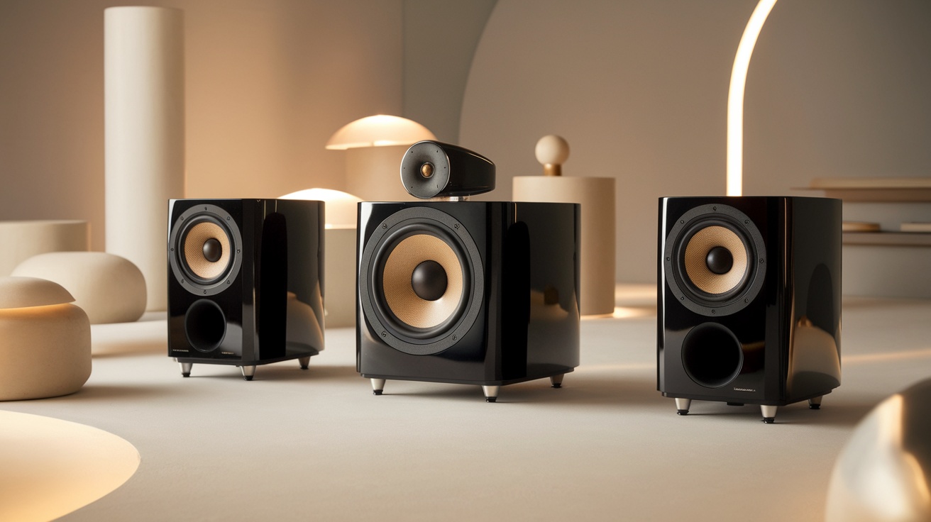 A modern setup of speakers designed for dedicated sub-bass response, featuring sleek black designs in a calm, minimalist environment.