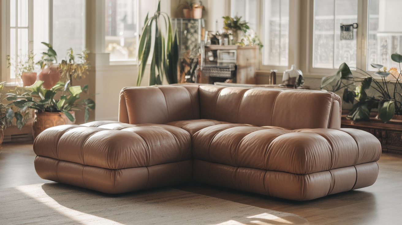 A deep-cushion chaise lounge in a sectional style, featuring soft leather-like material and a cozy design, surrounded by indoor plants.