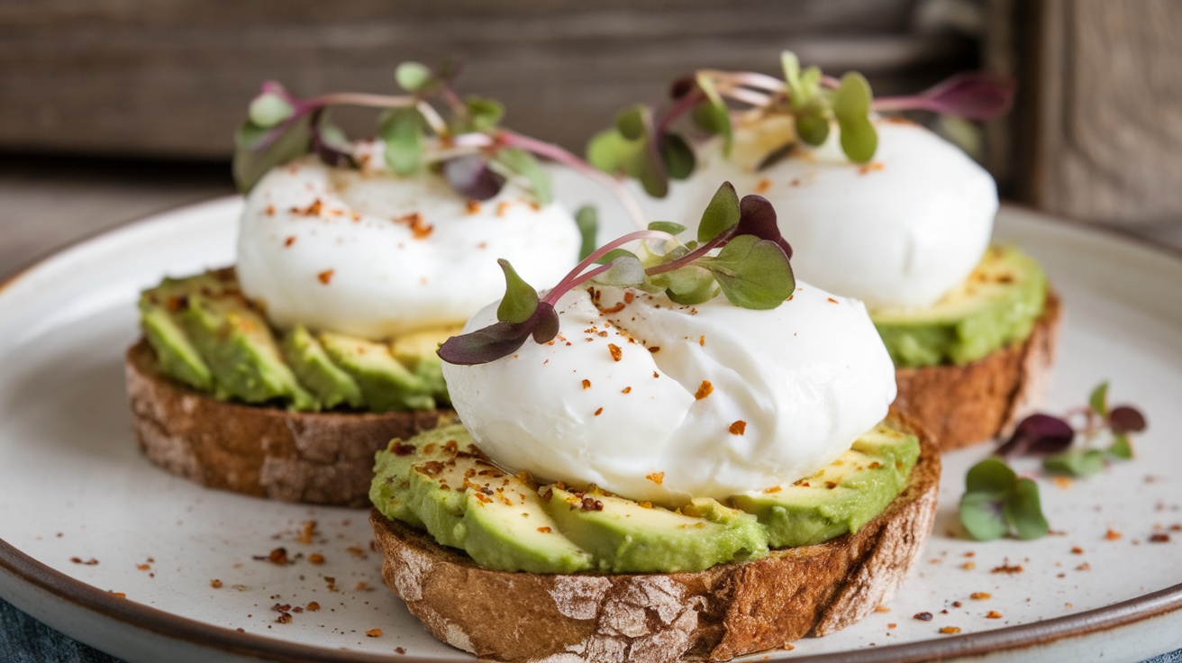 Poached eggs on avocado toast with microgreens and spices