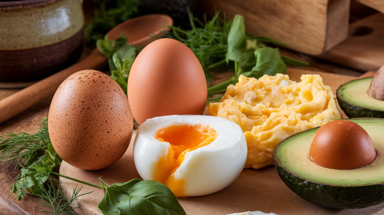 A variety of eggs including a soft-boiled egg, scrambled eggs, and whole eggs, surrounded by fresh greens and avocado.