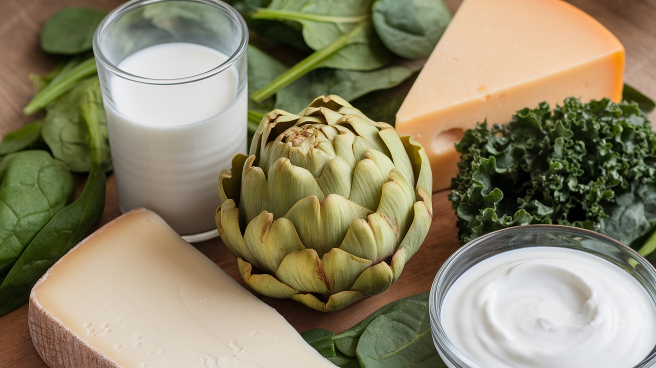 A fresh artichoke surrounded by spinach, kale, cheese, and yogurt, highlighting nutritious foods that support bone health.
