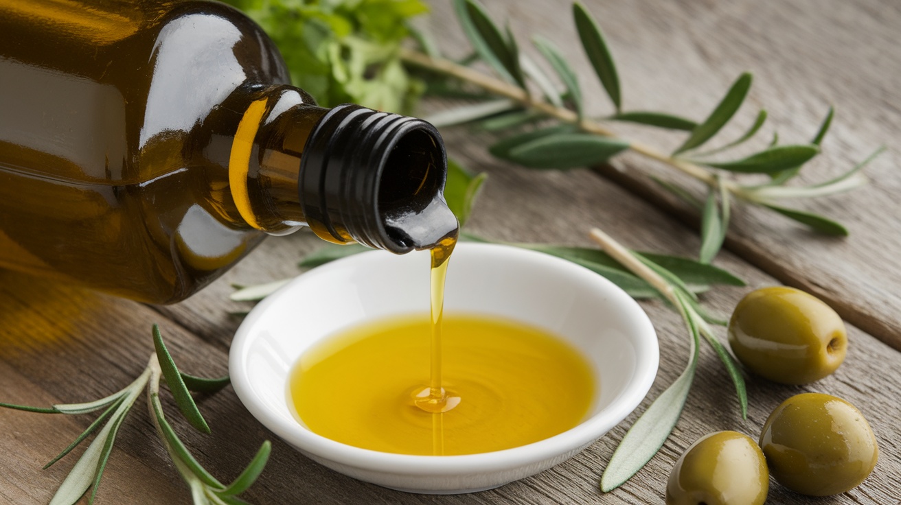 A bottle of extra virgin olive oil pouring into a small dish with olives and olive leaves in the background.