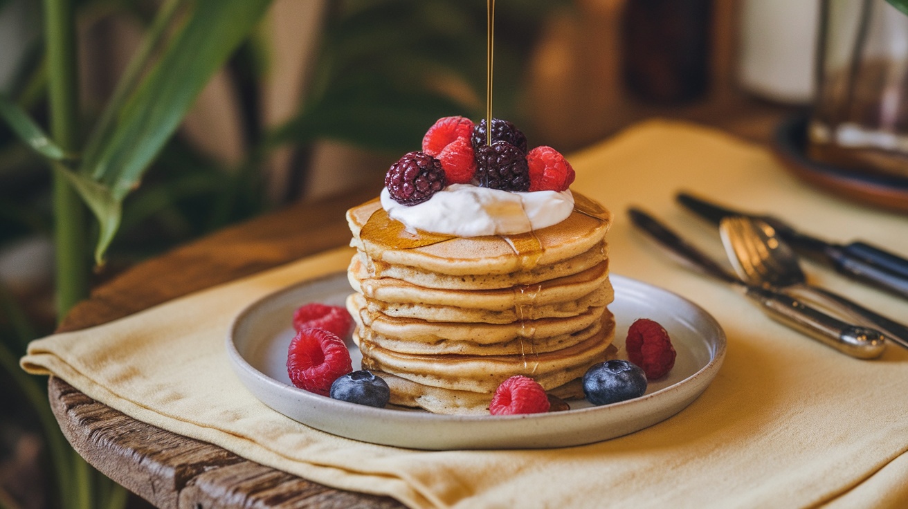 A stack of fluffy protein pancakes topped with Greek yogurt, fresh berries, and syrup.