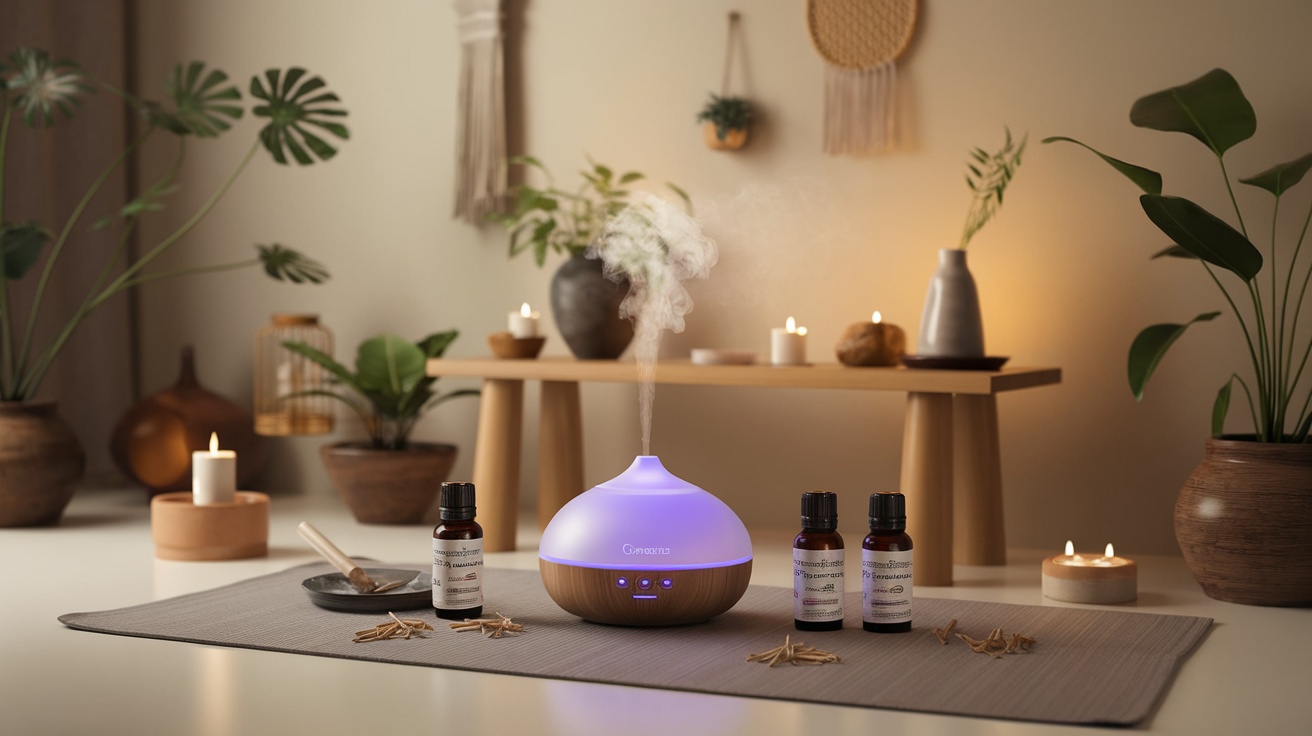 A serene zen room with a diffuser emitting mist, surrounded by candles and plants, showcasing frankincense oil.