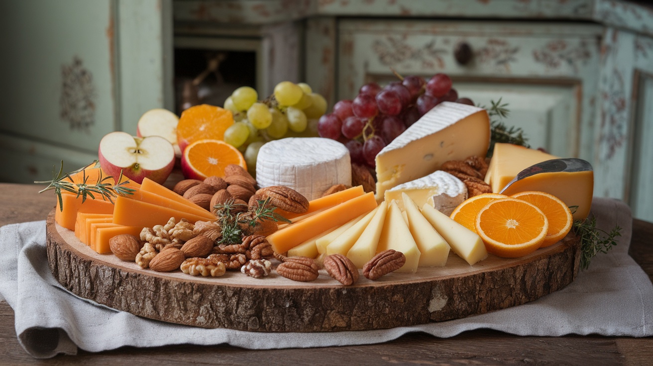A wooden platter filled with various types of full-fat cheese, fruits, and nuts.