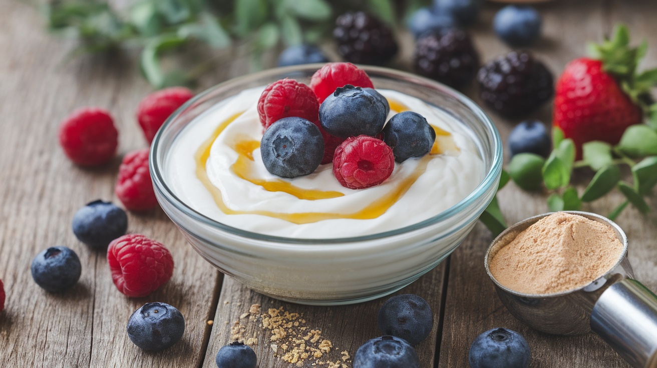 A bowl of Greek yogurt topped with blueberries, raspberries, and a drizzle of honey, surrounded by fresh berries and a scoop of protein powder.