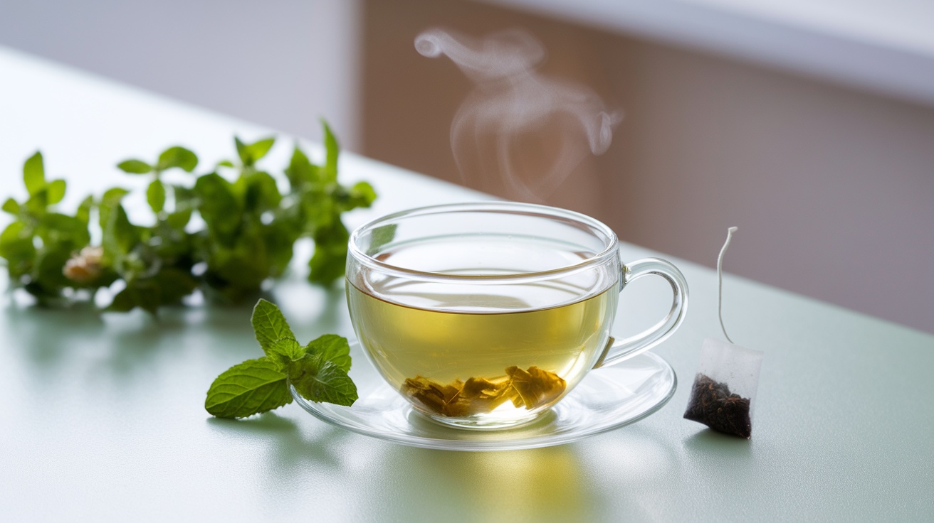 A steaming cup of green tea with mint leaves on a table