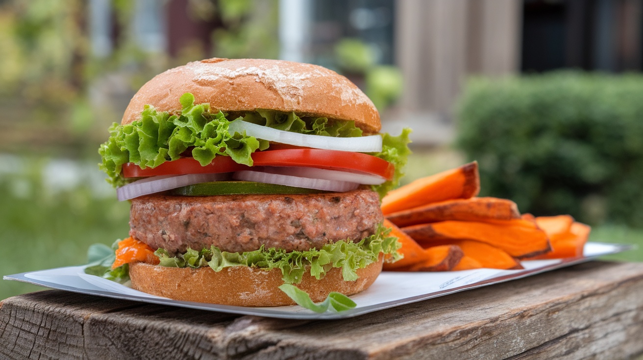 A healthy burger with lettuce, tomato, onion, and a side of sweet potato fries.