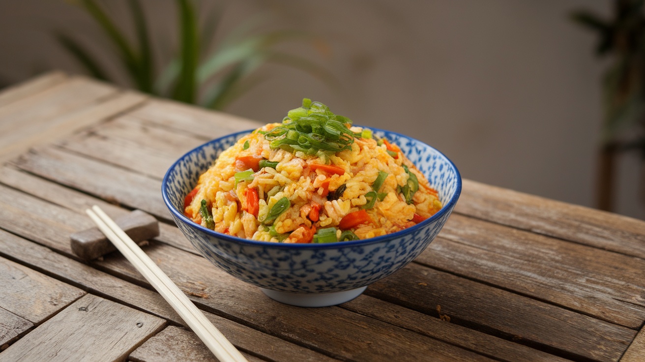 A bowl of healthy egg fried rice with vegetables and green onions on a wooden table.