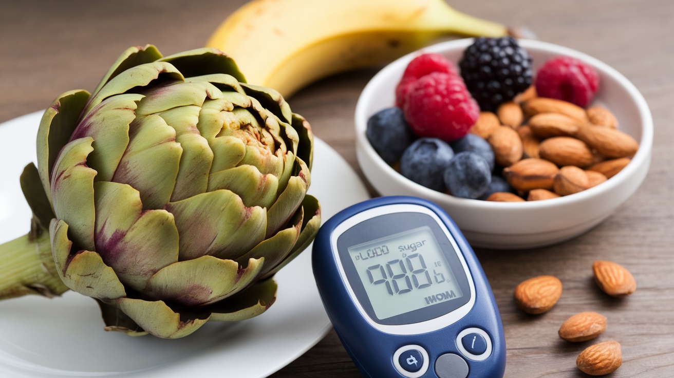 An artichoke, blood sugar monitor, and a bowl of mixed berries and nuts on a wooden table.