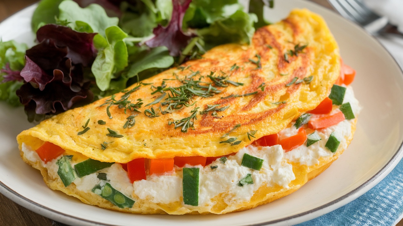 A high-protein cottage cheese omelet served with fresh greens.