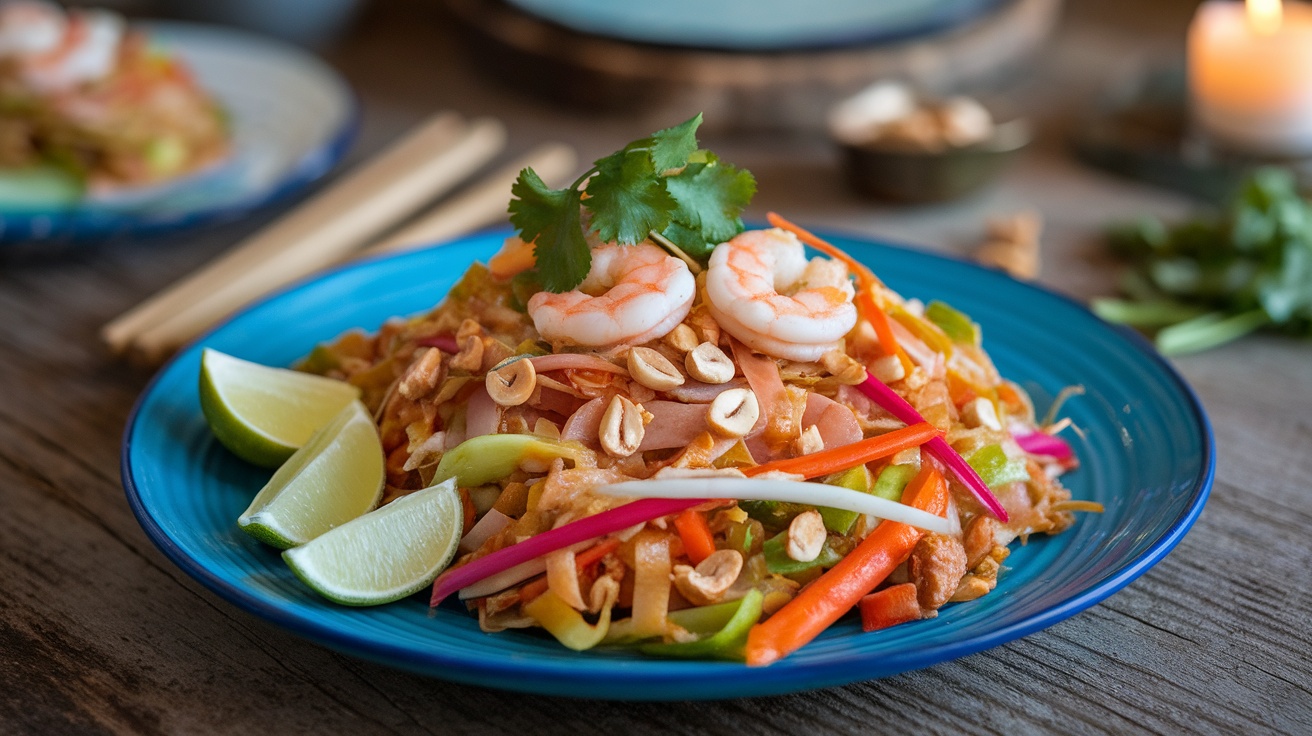A plate of homemade Pad Thai with shrimp, colorful vegetables, and lime wedges.