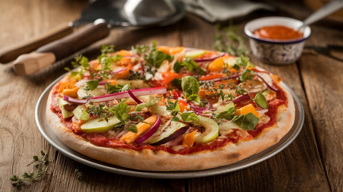 A homemade pizza topped with fresh vegetables and herbs on a wooden table.